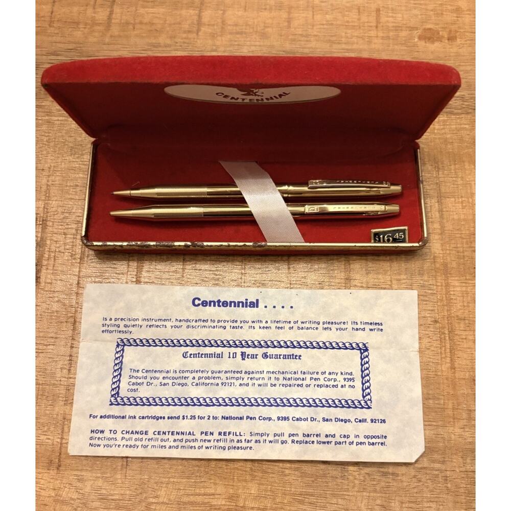Vintage Gold Centennial Pen and Mechanical Pencil Set Red Velvet Box With Papers